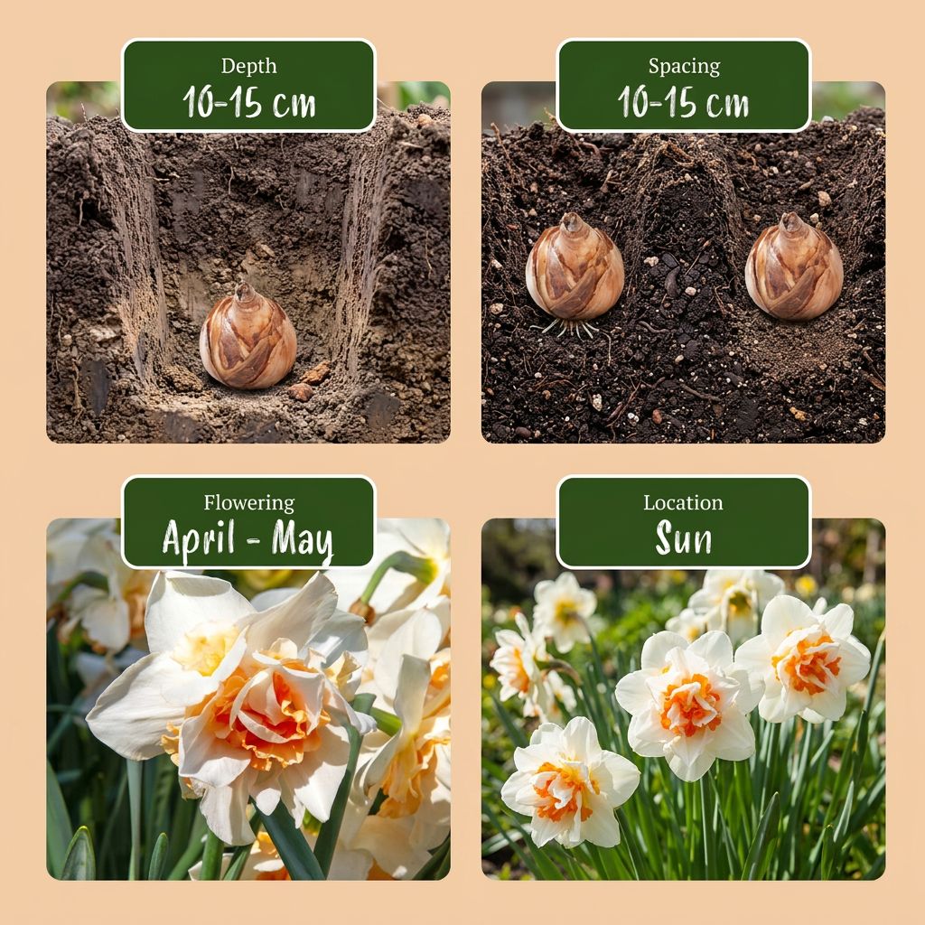 Guide de plantation des bulbes de Narcisse 'Replete' indiquant profondeur, espacement, floraison (avril-mai) et exposition
