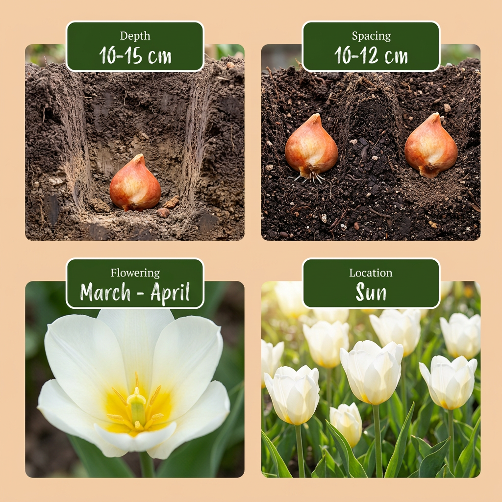 Guide de plantation des bulbes de Tulipe Triumph blanche avec profondeur, espacement, floraison et exposition au soleil.
