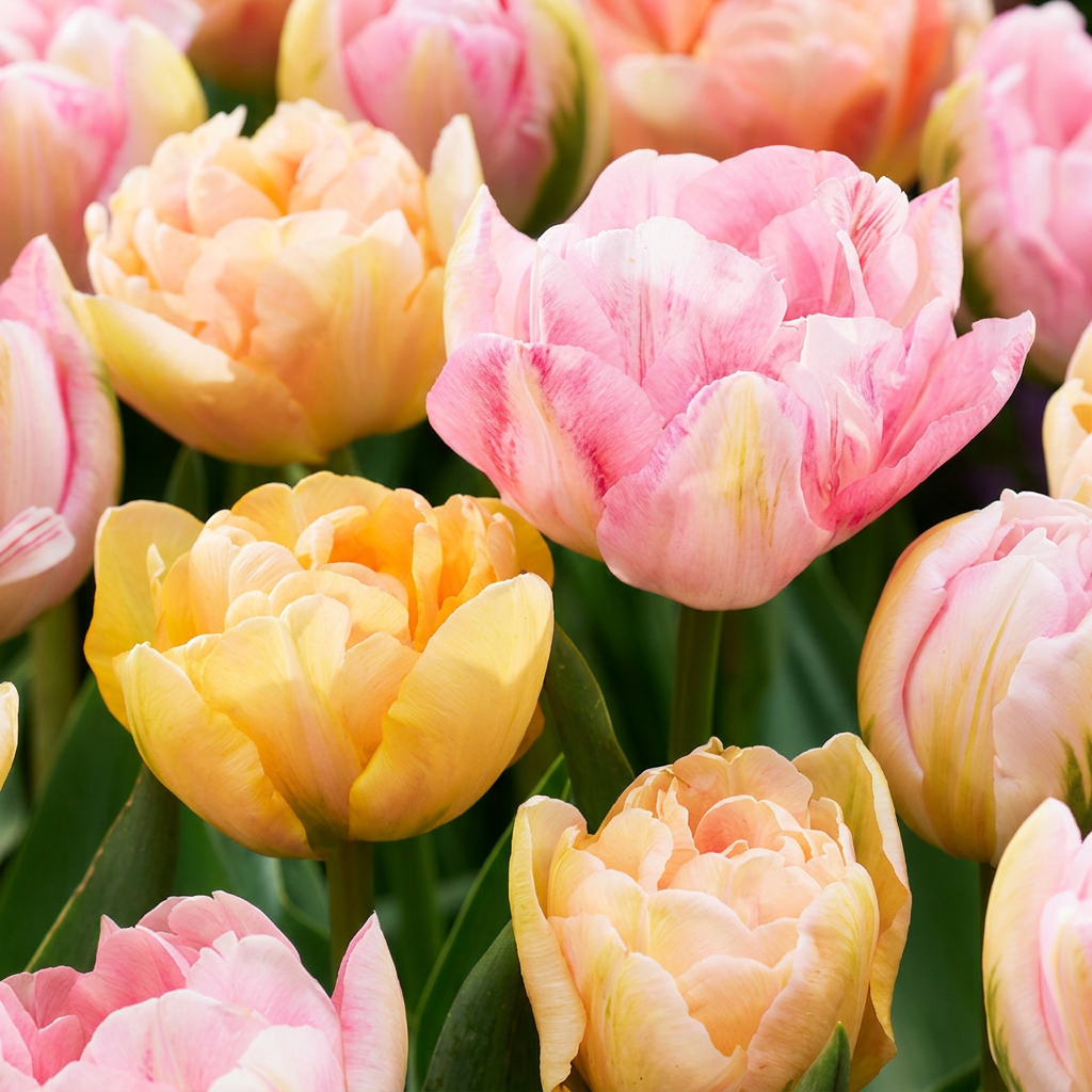 Massif de tulipes 'Peaches & Kisses' aux fleurs doubles et nuancées de rose et de jaune pêche.