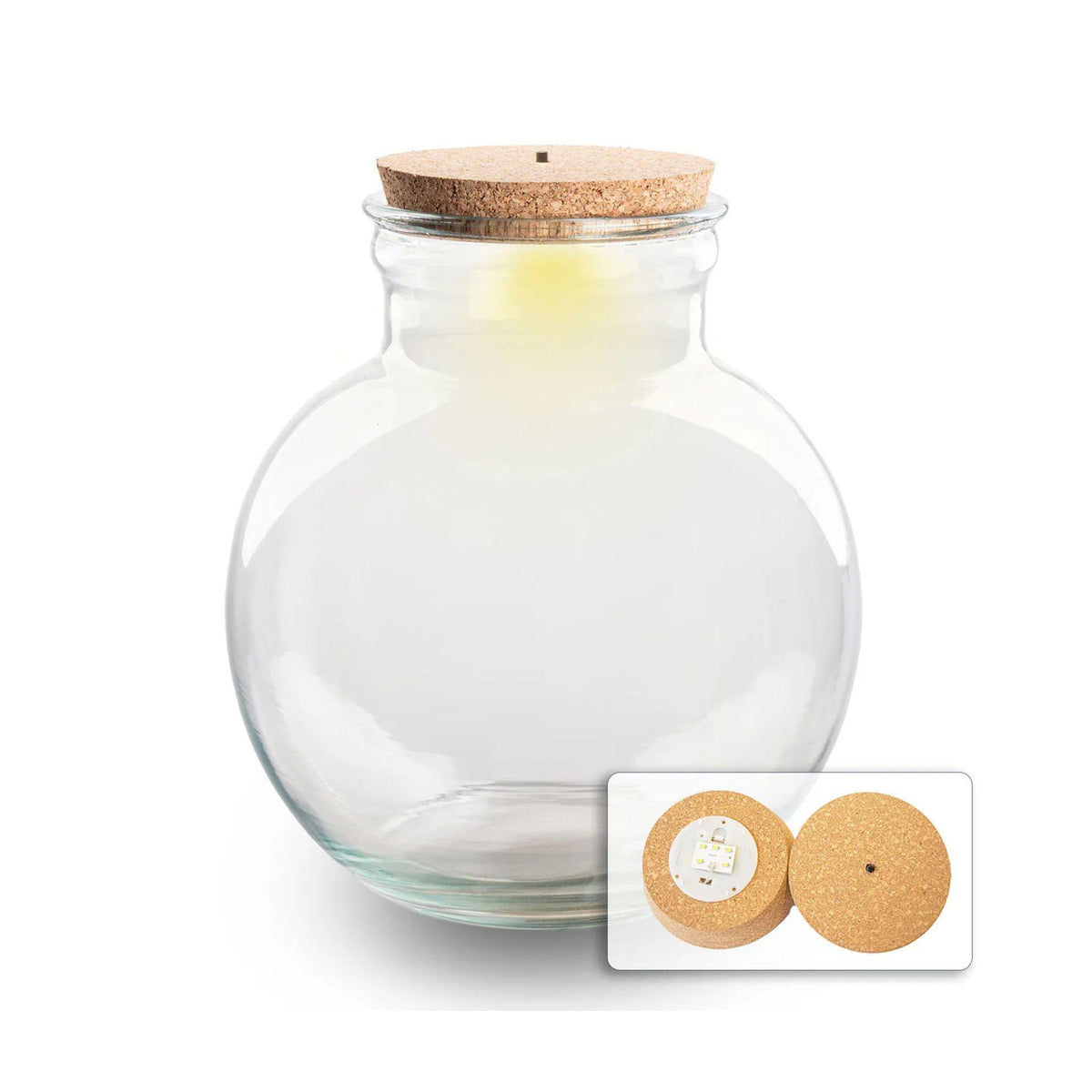 Bouteille terrarium boule en verre recyclé 7 L, Ø 25 cm, bouchon liège ou bouchon LED