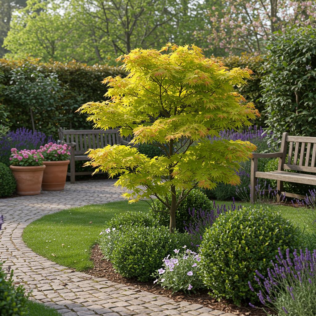 Érable du Japon 'Jordan' avec feuillage jaune vif, planté dans un jardin avec un chemin pavé, des bancs en bois, et des lavandes en fleurs.