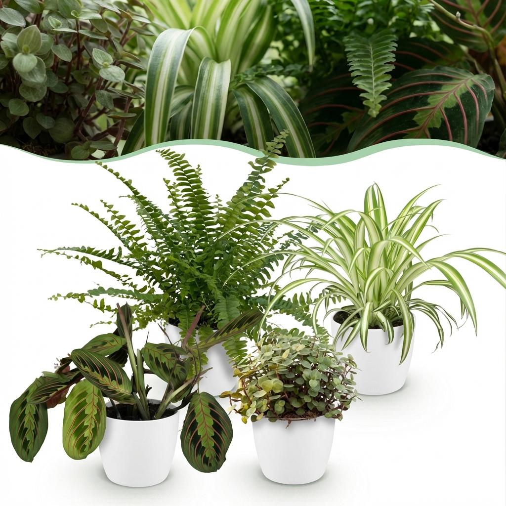 Box 4 plantes pet-friendly Chlorophytum Maranta Calissia Nephrolepsis en pots 12cm, plantes d'intérieur sans danger