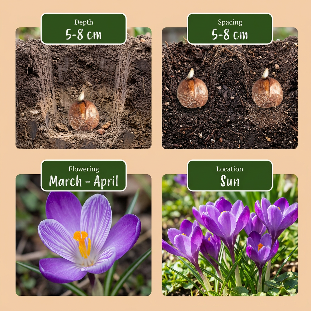 Guide de plantation des bulbes de Crocus 'Ruby Giant' (profondeur, espacement, floraison, exposition).