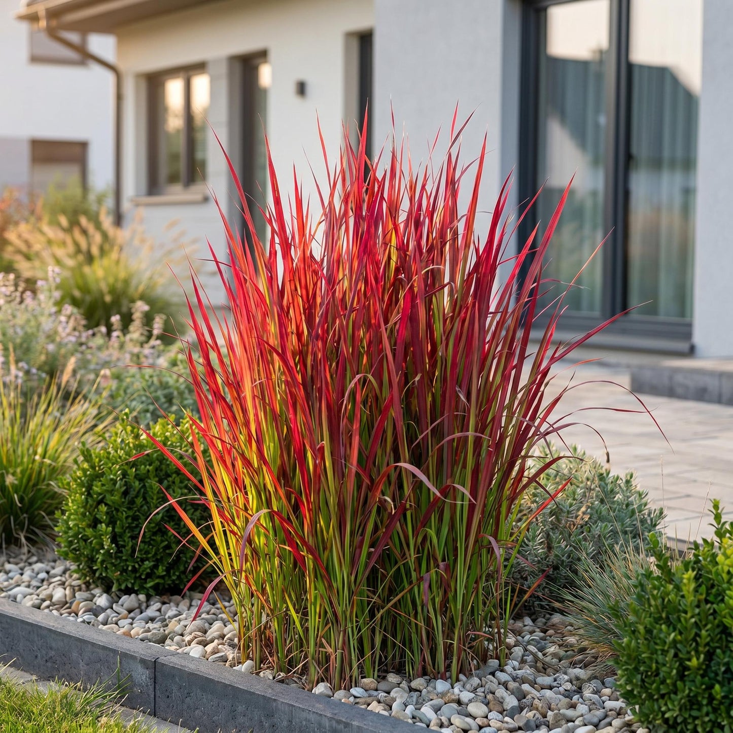 Imperata cylindrica Red Baron. Graminées ornementales aux feuilles rouges intenses, plantée dans un jardin moderne avec des graviers.