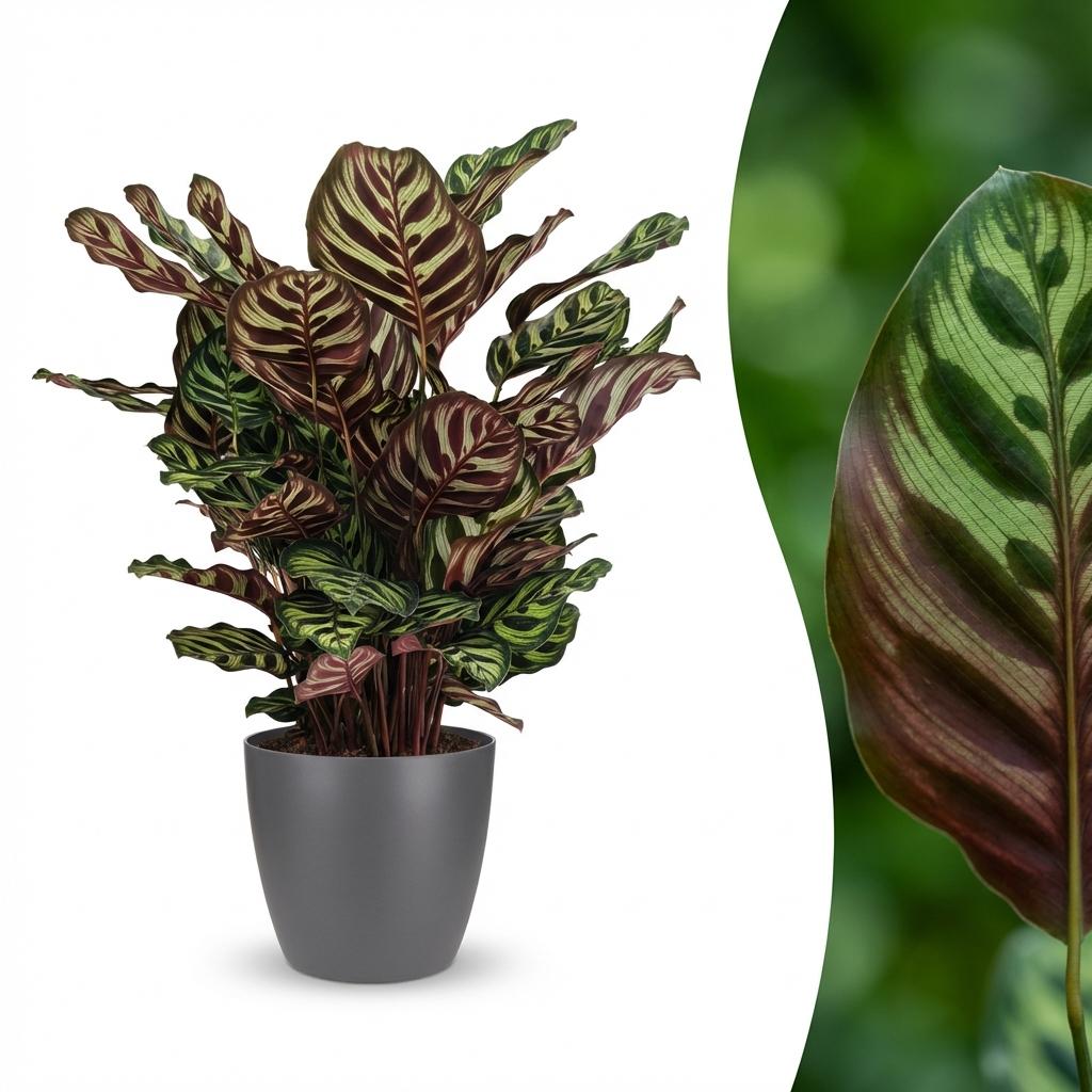 Plante d'intérieur - Plante Paon - Calathea Makoyana - Vert - Entretien facile - 1 Plante - avec Potter Gris - Pot 19cm - Hauteur 70cm
