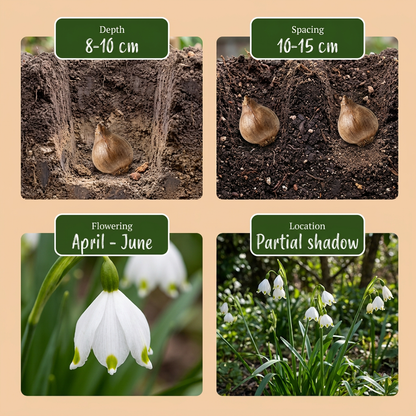 Guide de plantation des bulbes de Nivéole d'été (Leucojum) avec profondeur, espacement, floraison et exposition.