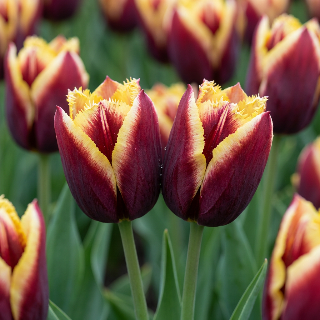Gros plan de tulipes 'My Favourite Topping' aux pétales rouge foncé bordés de jaune vif et frangés.