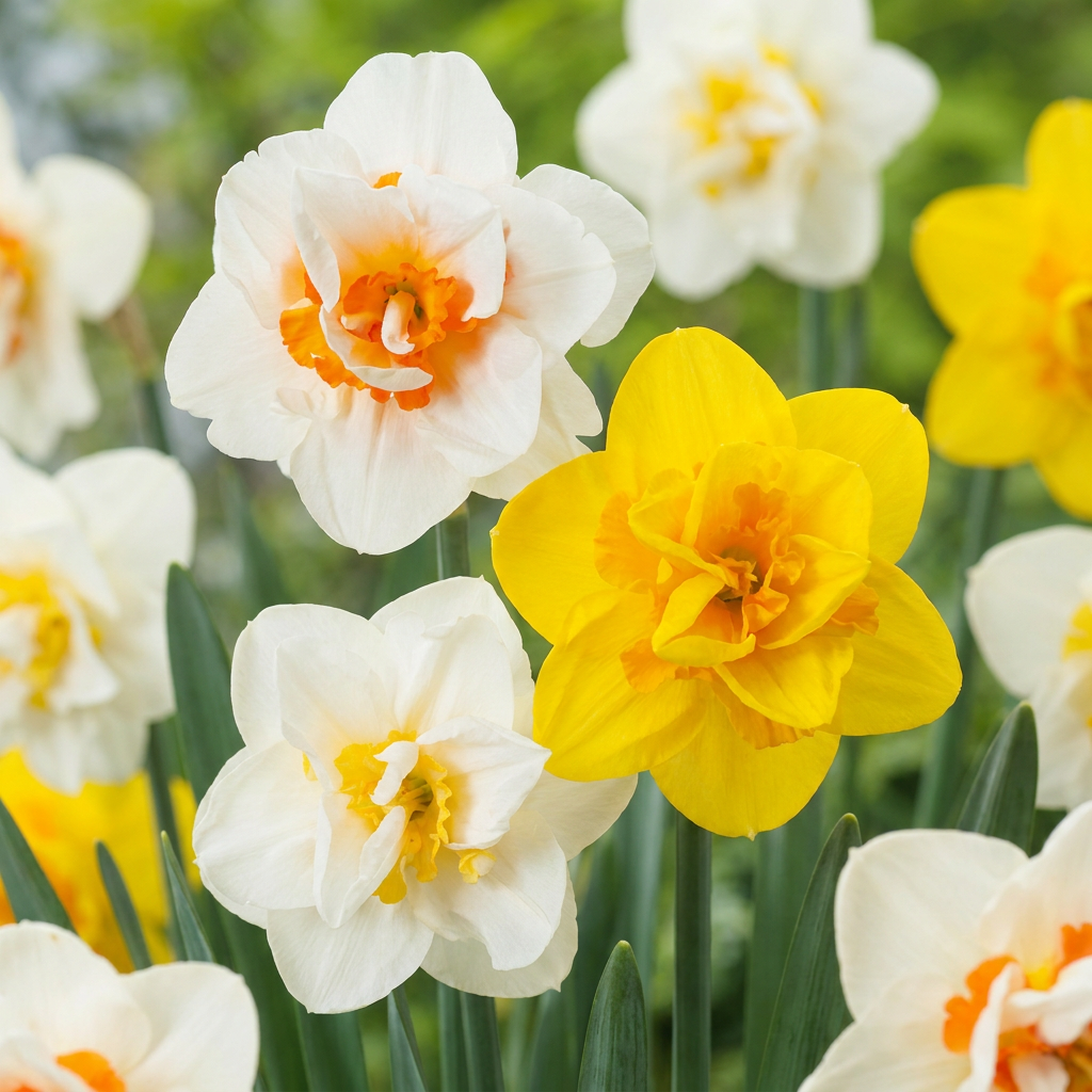 Mélange de narcisses doubles aux fleurs blanches, jaunes et orangées.