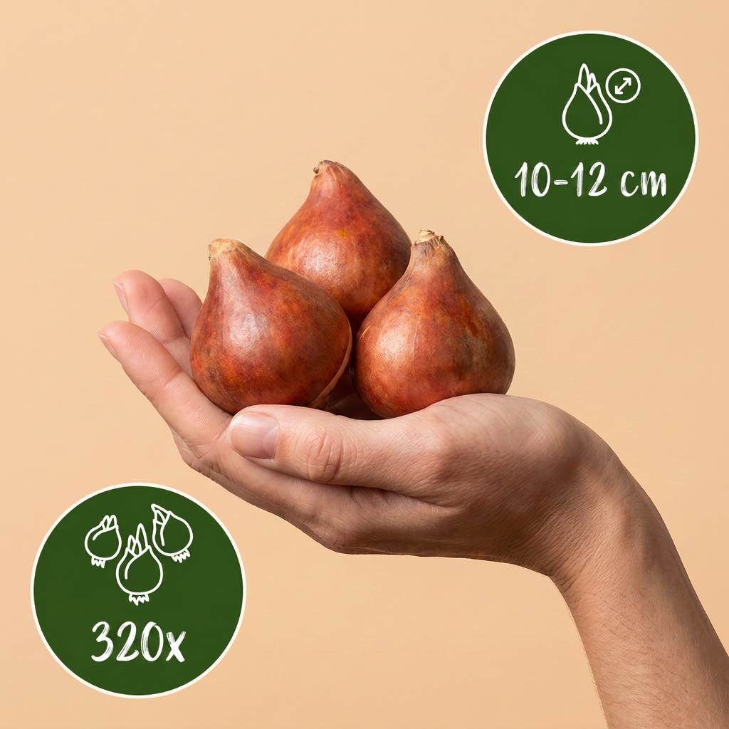 Bulbes de Tulipe Darwin Hybride en mélange tenus dans une main, calibre 10-12 cm, lot de 320 bulbes.