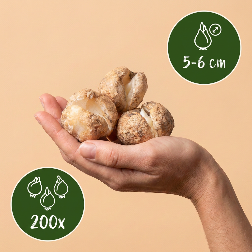 Bulbes de Perce-neige géant tenus dans une main, calibre 5-6 cm, lot de 200 bulbes.
