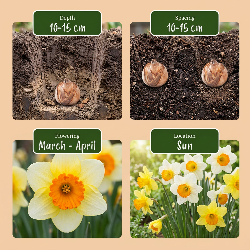 Guide de plantation des bulbes de Narcisse à grande couronne en mélange (profondeur, espacement, floraison et exposition).
