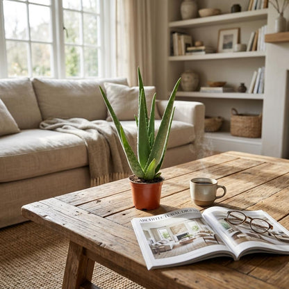 L'Aloë Vera est posée dans son pot de 10 cm sur une table basse en bois rustique, avec une tasse fumante et un magazine
