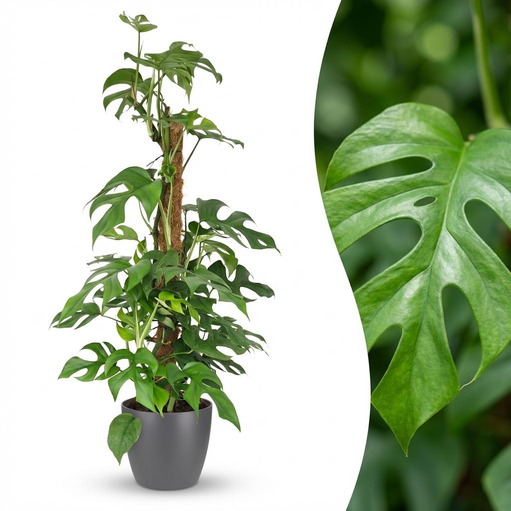 Plante d'intérieur - Mini Monstera - Monstera Minima sur tuteur - Vert - Peu d'entretien - 1 Plante - avec Pot Gris - Pot 19cm - Hauteur 90cm