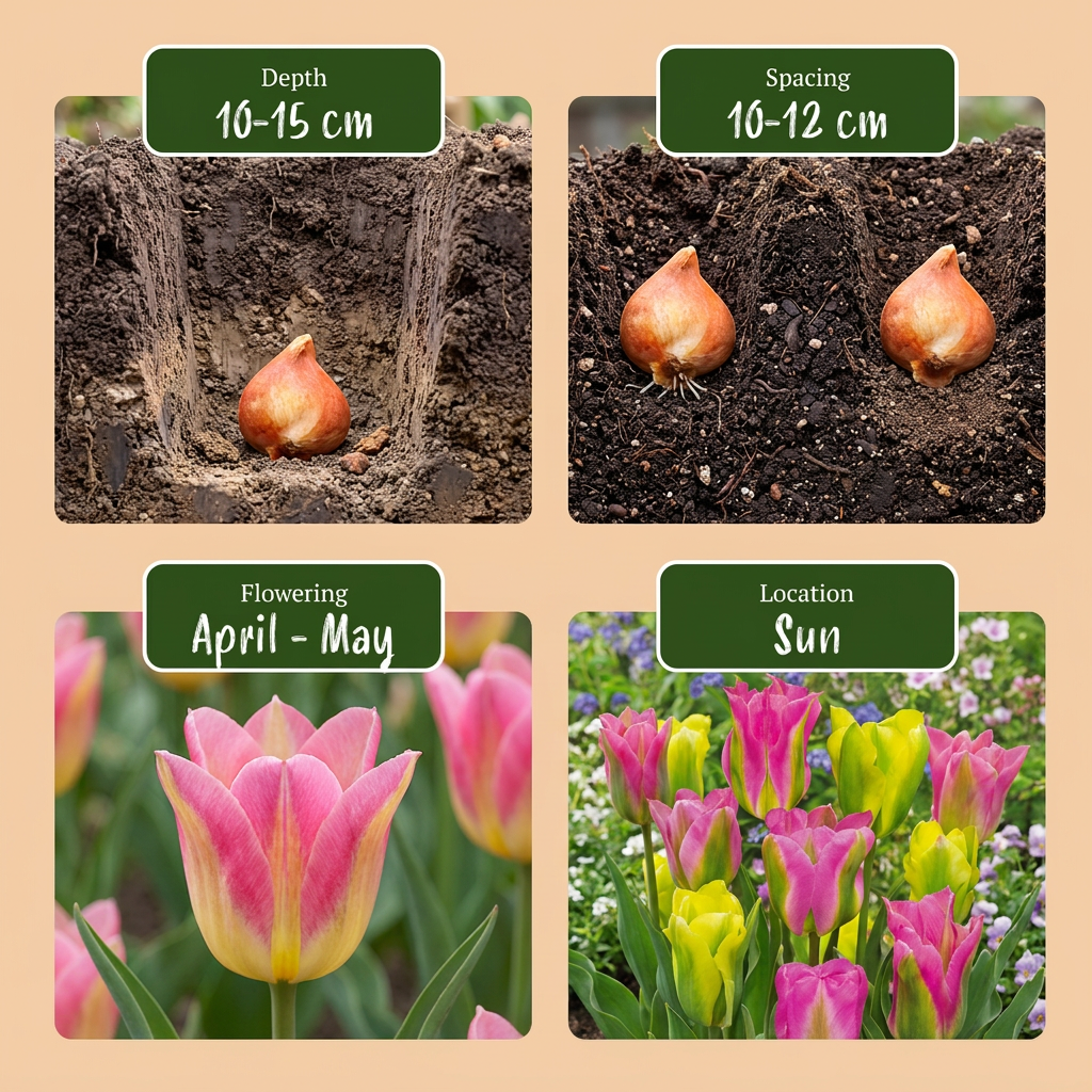 Guide de plantation des bulbes de Tulipe 'Strawberry Lemonade' et aperçu de leurs fleurs roses et jaunes.