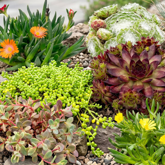 mélange de plantes de rocaille. Un assortiment coloré de plantes alpines et succulentes dans une rocaille : delosperma à fleurs oranges et jaunes, sempervivum, 