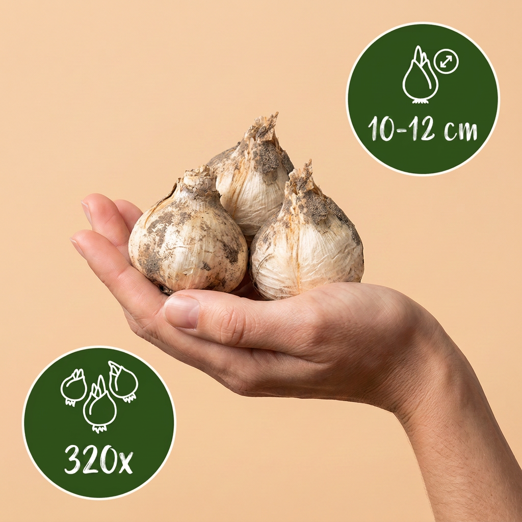 Bulbes d'Ail de Sicile tenus dans une main, calibre 10-12 cm, lot de 320 bulbes.