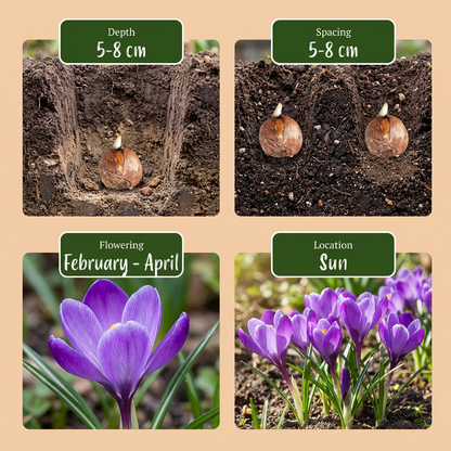 Guide de plantation des bulbes de Crocus : profondeur, espacement, période de floraison et exposition.