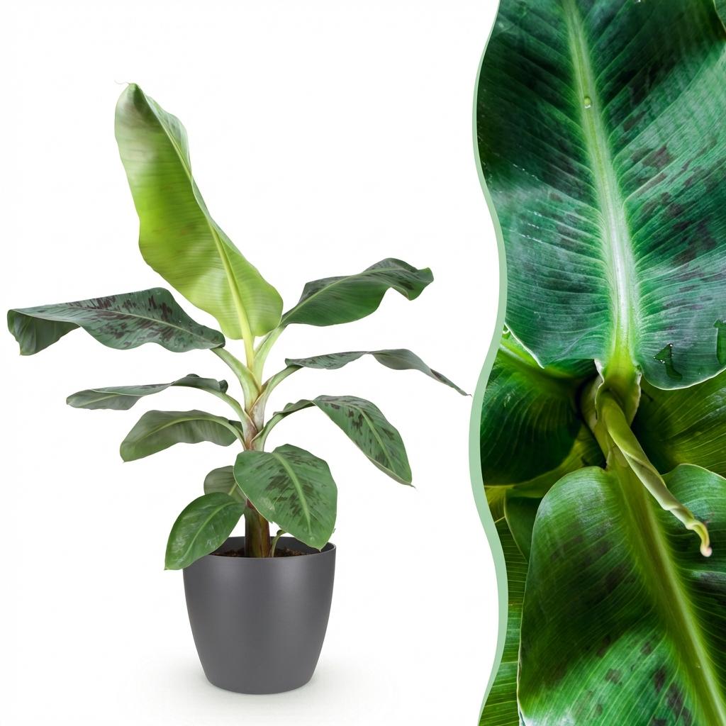 Plante de banane Musa acuminata Nain Cavendish avec un feuillage vert clair et foncé panaché dans un cache-pot gris