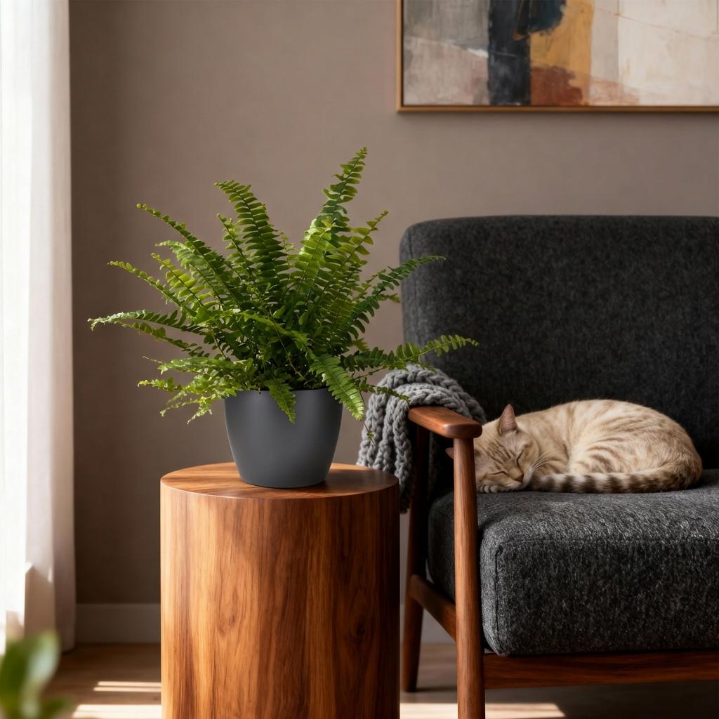 Plante d'intérieur - Nephrolepsis exaltata Green Lady - Fougère - Plante amicale pour les animaux - Verte - 1 Plante - avec Pot Gris - Pot 12cm - Hauteur 25cm