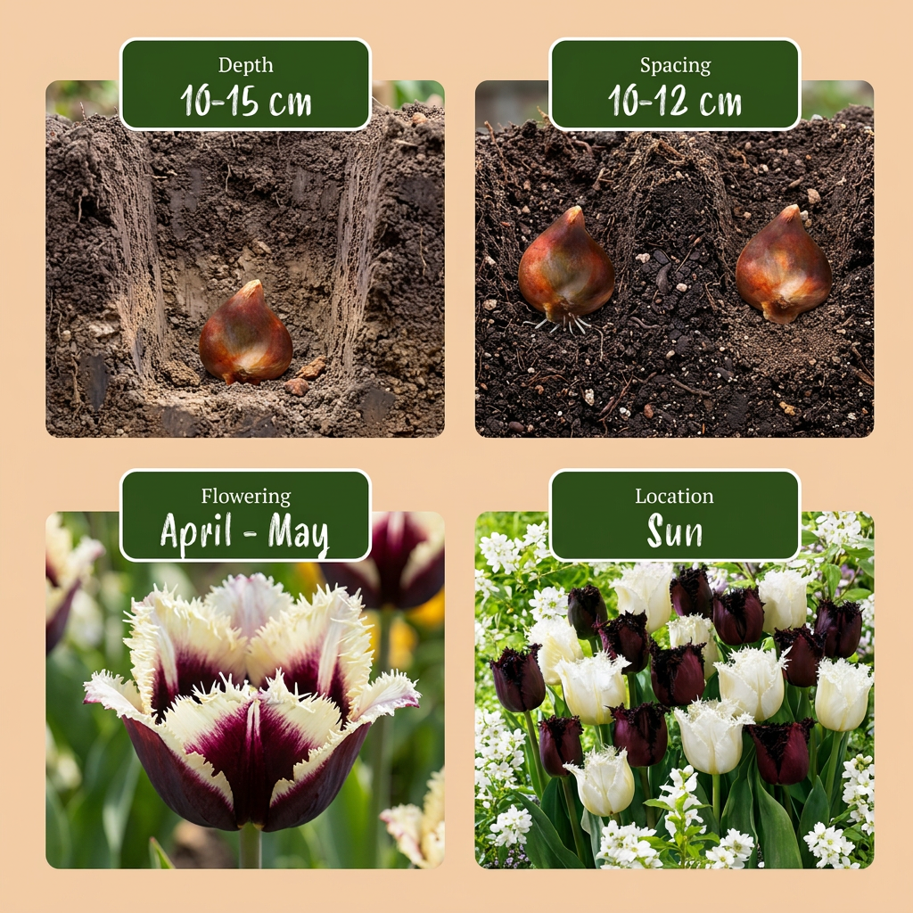 Guide de plantation des bulbes de tulipe 'Breakdance' avec profondeur, espacement, période de floraison et exposition au