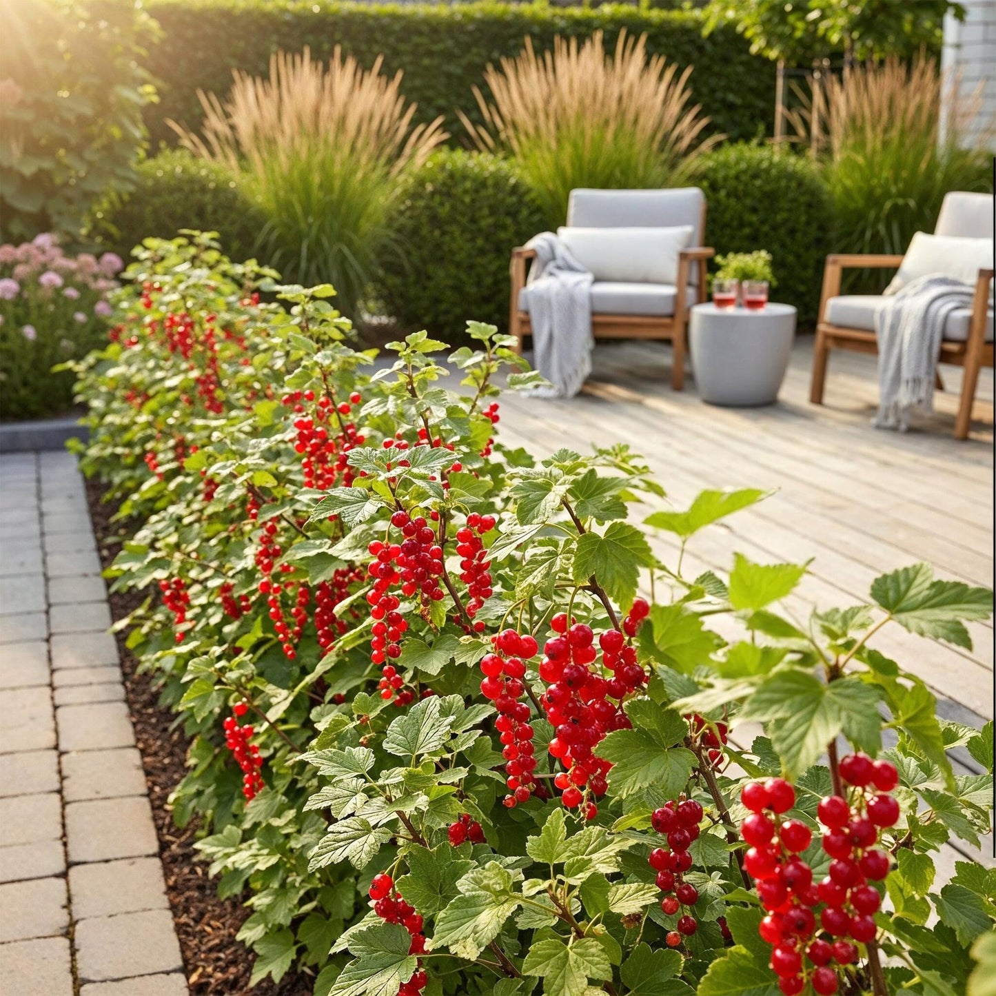 Groseillier Ribes rubrum 'Jonkheer van Tets' en haie le long d'une terrasse en bois avec mobilier de jardin, sous un soleil doux.