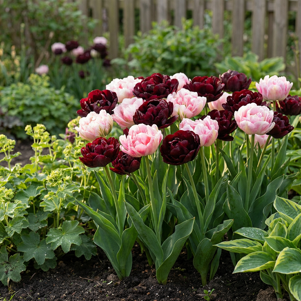 Massif de tulipes 'Sweet Desire' en mélange de couleurs, rose pâle et bordeaux foncé, dans un jardin.
