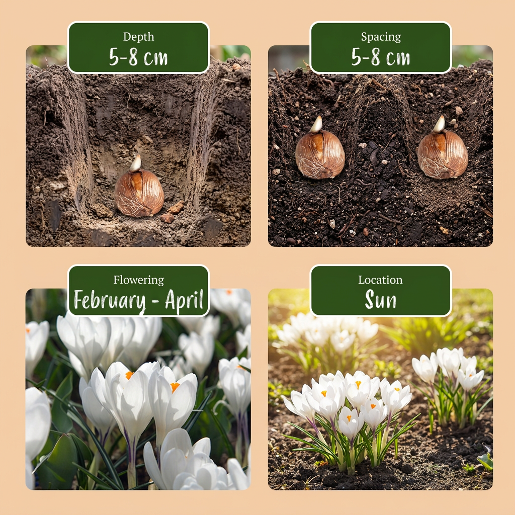 Guide de plantation des bulbes de crocus blanc, incluant la profondeur, l'espacement, la période de floraison et
