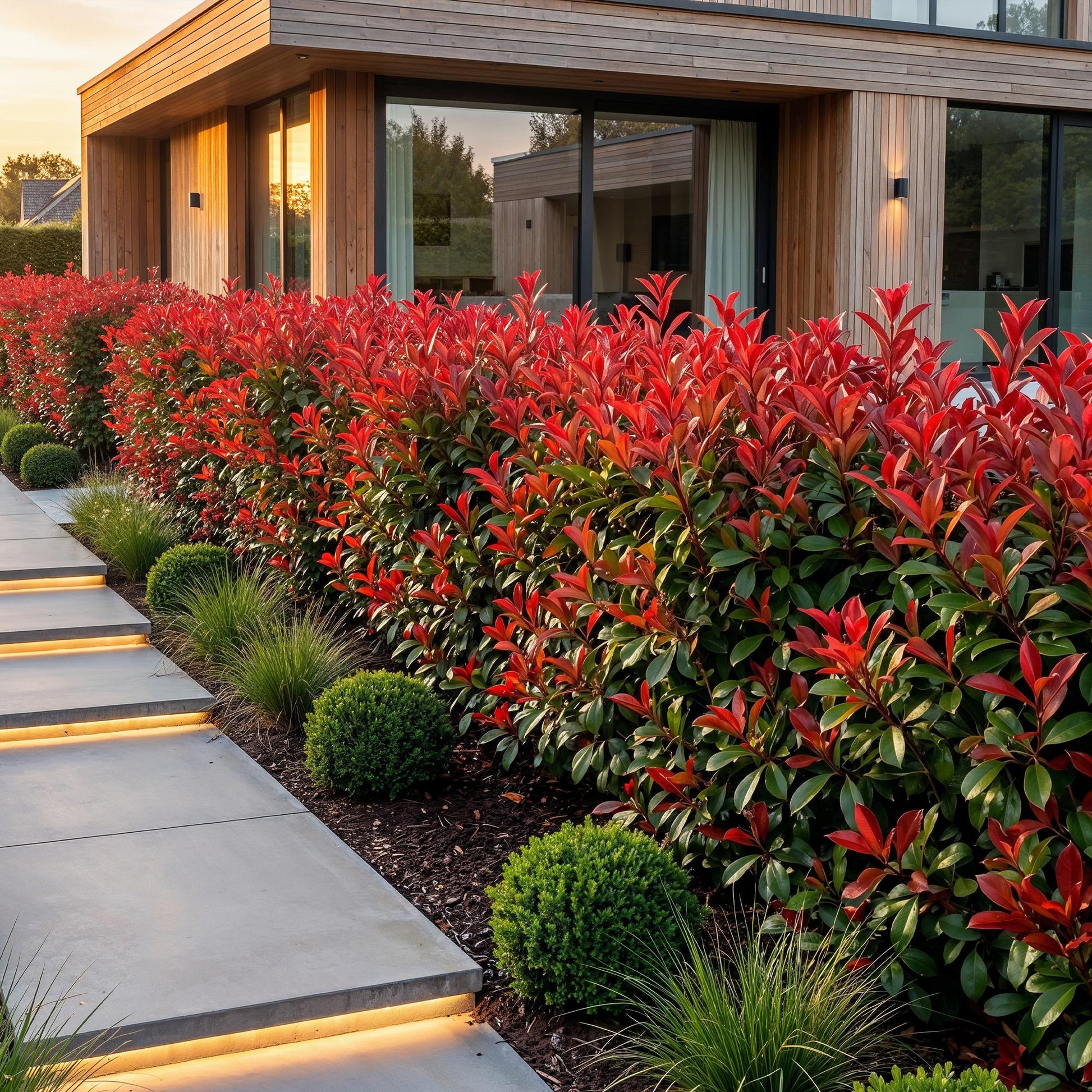 Photinia fraseri Red Robin en haie éclatante de feuilles rouges et vertes devant une maison moderne, avec un chemin lumineux.