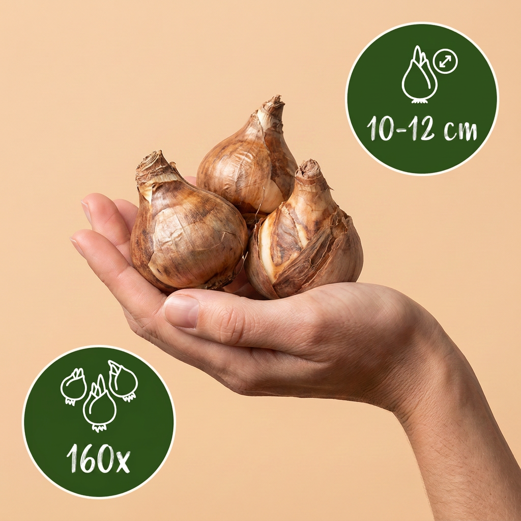 Bulbes de Narcisse botanique en mélange tenus dans une main, calibre 10-12 cm, lot de 160 bulbes.