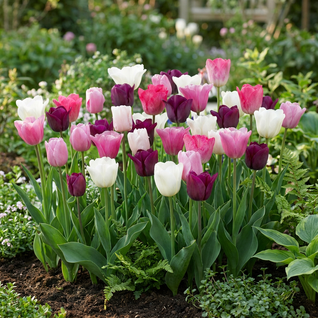 Massif de tulipes Pastel en mélange, avec des fleurs épanouies blanches, roses et violettes dans un jardin printanier.