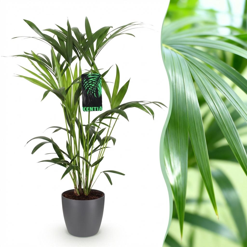 Plante d'intérieur - Howea Forsteriana - Palmier Kentia - Peu d'entretien - Vert - 1 Plante - avec Pot Gris - Pot 19cm - Hauteur 80-85cm