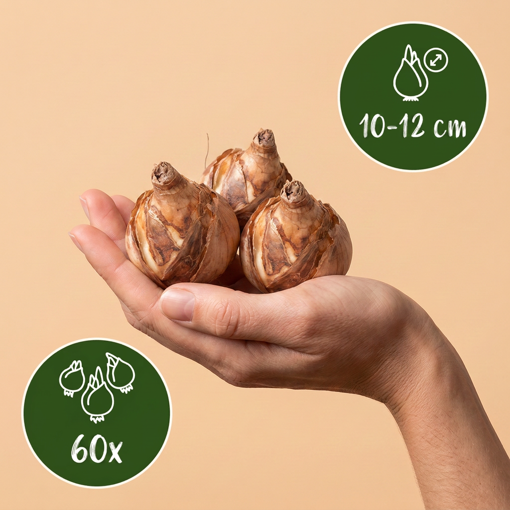 Bulbes de Narcisse Double en mélange tenus dans une main, calibre 10-12 cm, lot de 60 bulbes.
