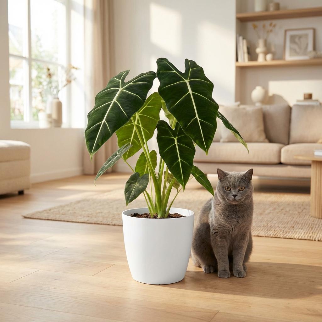 Plante d'intérieur - Oreille d'éléphant - Alocasia Frydek - Vert - Peu d'entretien - 1 Plante - avec Pot Blanc - Pot 19cm - Hauteur 60cm