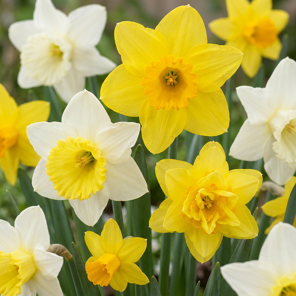 Mélange de narcisses botaniques jaunes et blancs épanouis dans un jardin.