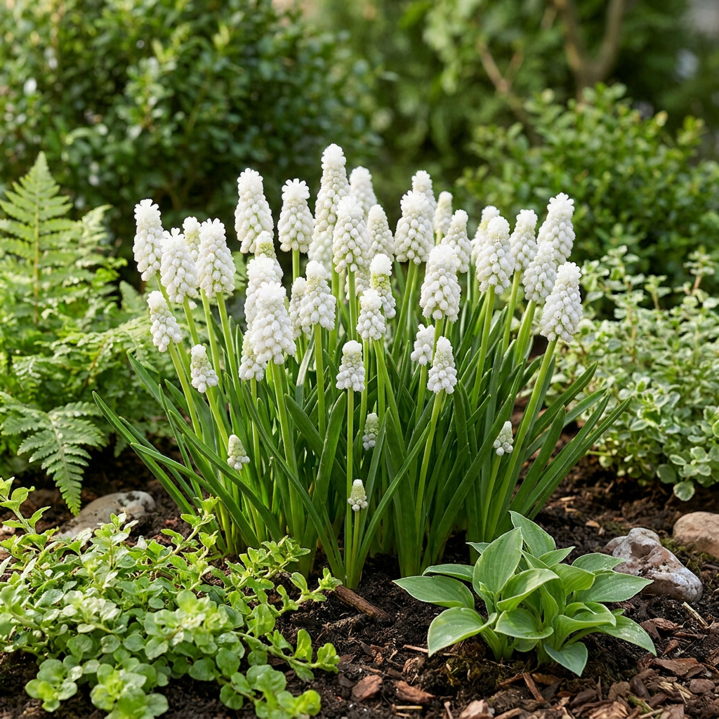 Massif de Muscari 'White Magic' aux grappes de fleurs blanches épanouies dans un jardin.