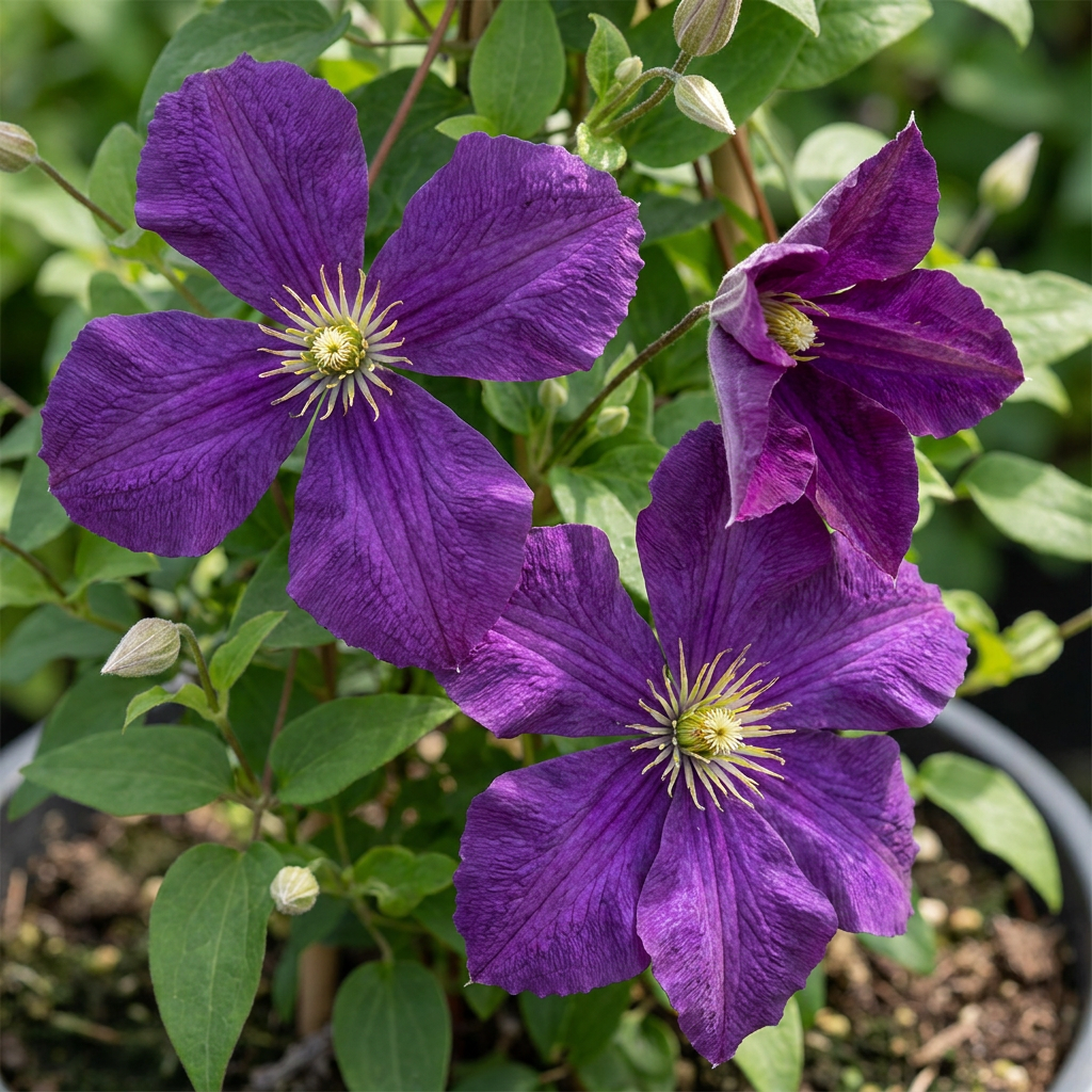 Clématite 'Étoile Violette' (Clematis) - grimpante à grandes fleurs violettes