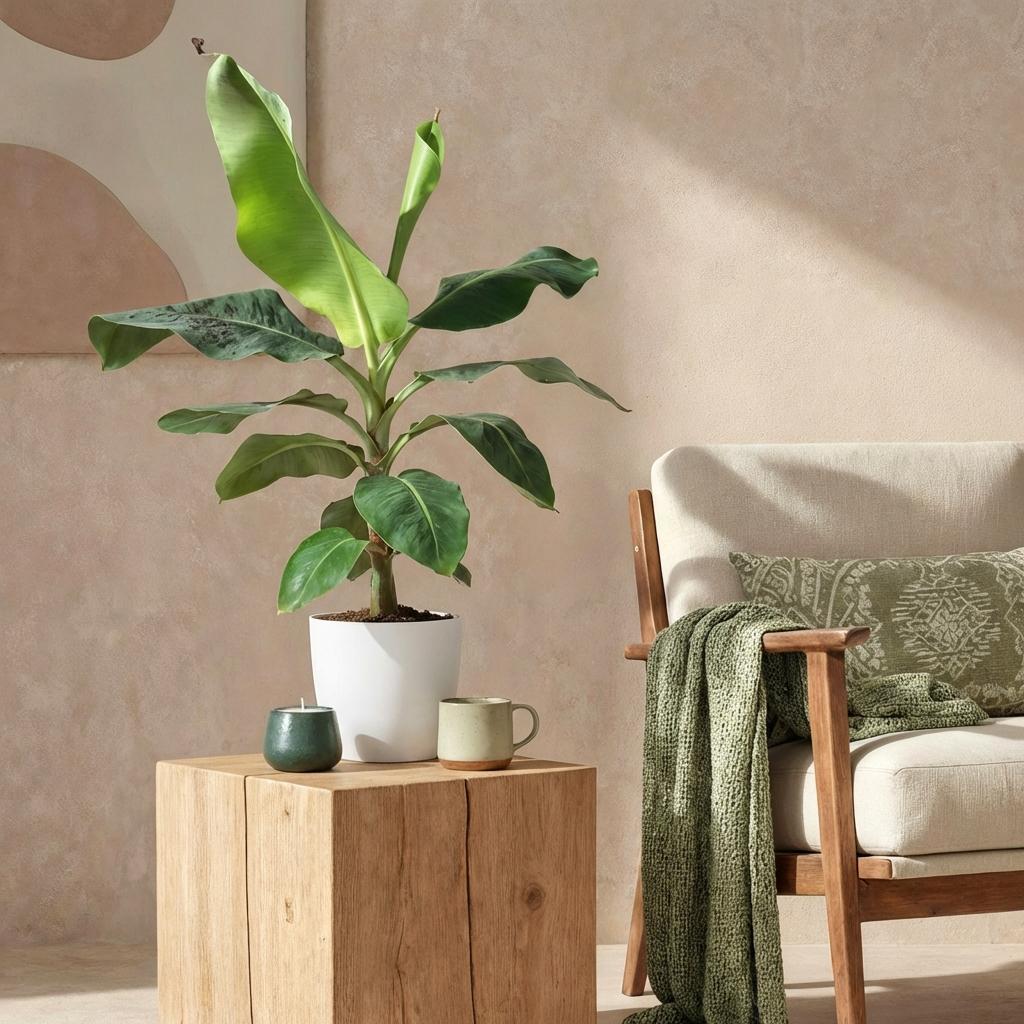 Un Musa acuminata Nain Cavendish en pot blanc, posé sur une table en bois clair, à côté d'une tasse et d'une bougie verte
