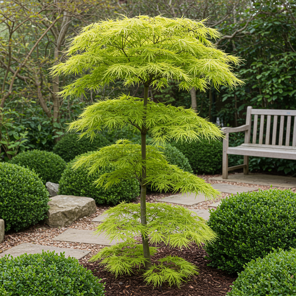 Érable japonais Acer palmatum Koto-no-ito vert en pleine terre, créant une ambiance zen dans un jardin avec des buis taillés et un banc en b