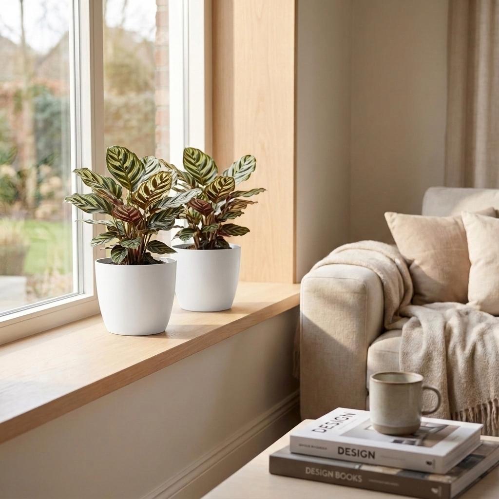 Deux Calathea Makoyana, appelées Plante Paon, avec leurs feuilles aux motifs verts et violacés, posées dans des pots blancs sur un rebord