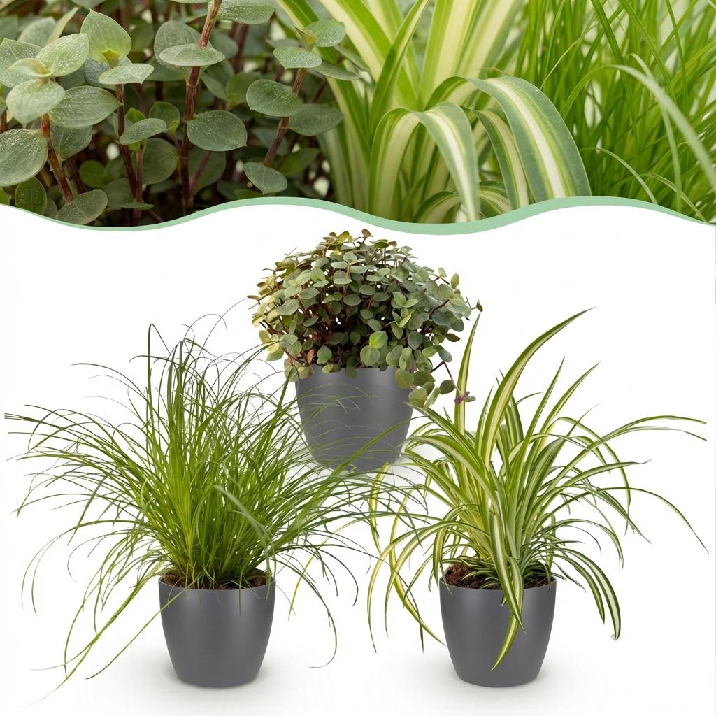 Plante d'intérieur - Cyperus - Calissia - Chlorophytum - Mix de 3 - Plantes Amies des Animaux - Vert - 3 Plantes - avec Pot Gris - Pot 12cm - Hauteur 20cm