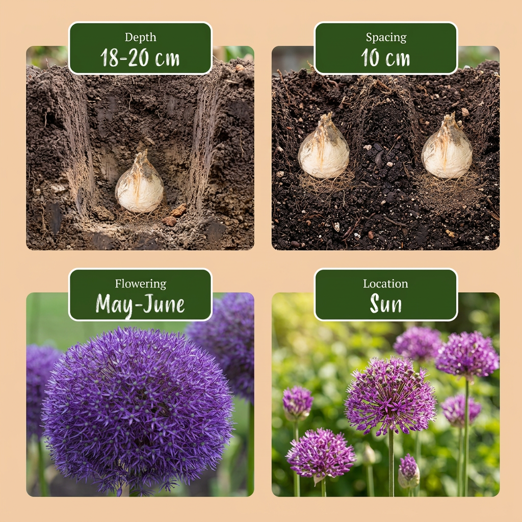 Guide de plantation des bulbes d'Ail d'ornement 'Pinball Wizard' (Allium) avec profondeur, espacement, floraison et