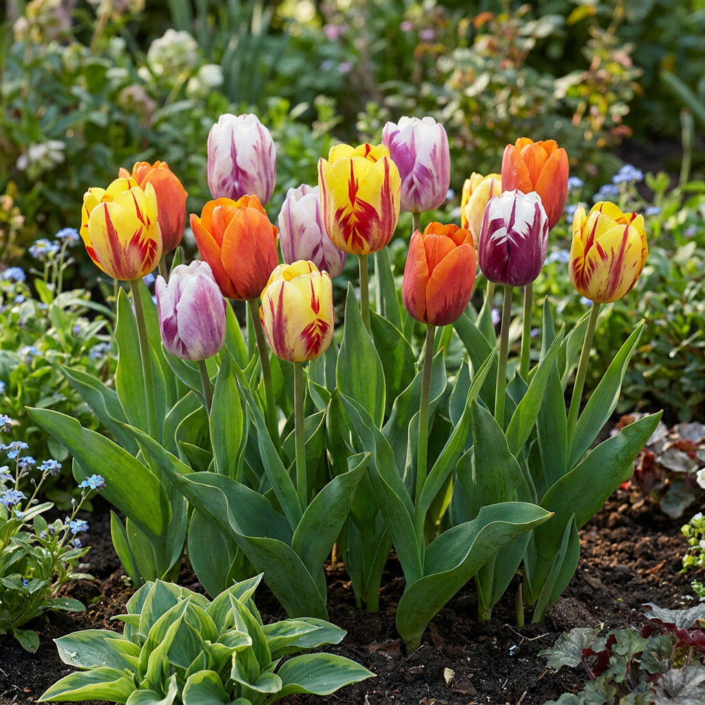 Massif de tulipes 'Flaming Beauty' en mélange avec des fleurs jaunes et rouges, oranges, et violettes dans un jardin fleuri.