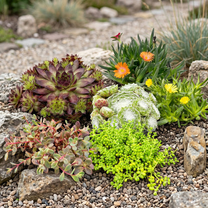 mélange de plantes de rocaille, assortiment de plantes alpines variées, notamment des sédums et joubarbes, plantées en rocaille avec des pierres et du gravier.