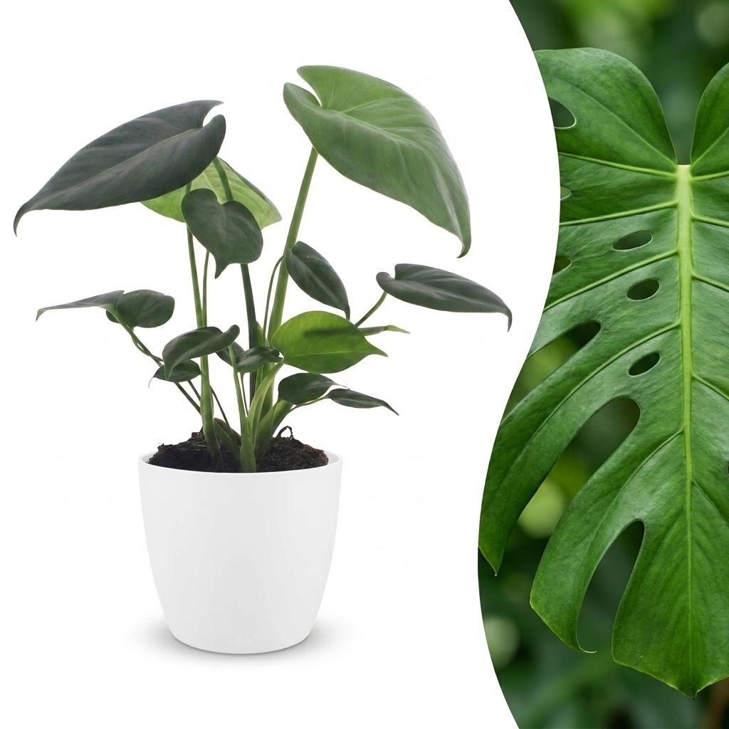 Une jeune Monstera Deliciosa avec de grandes feuilles vertes non perforées, plantée dans un pot blanc uni de 12cm