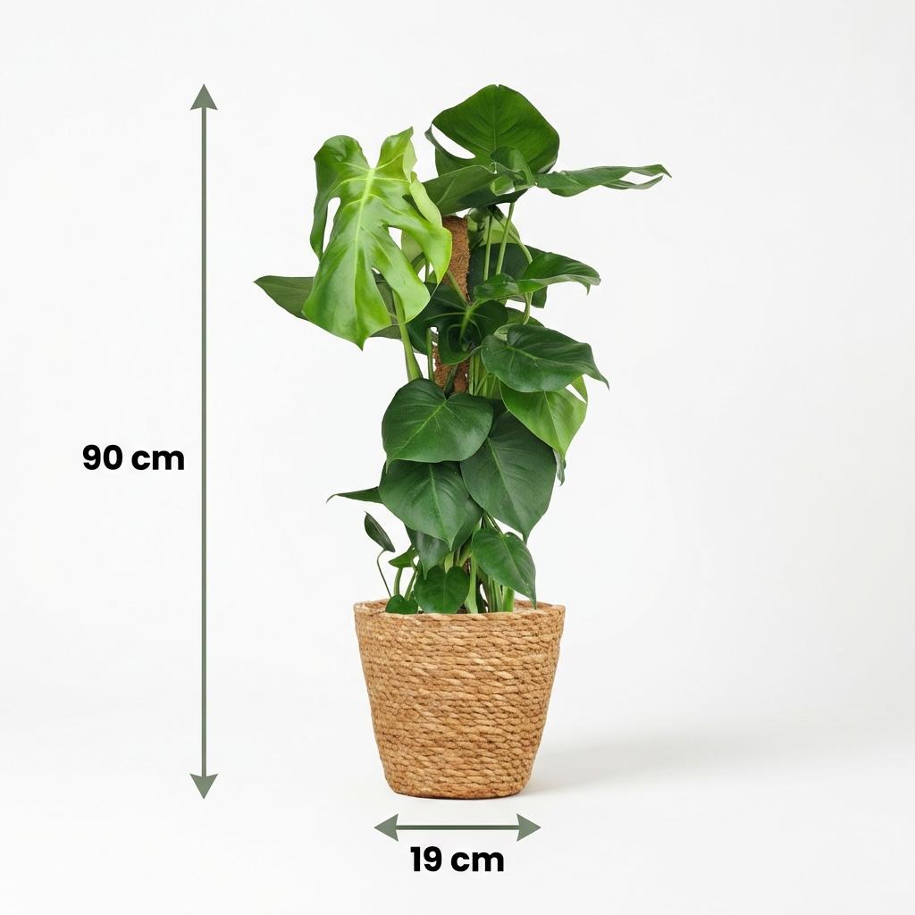 Plante d'intérieur - Monstera Deliciosa sur tuteur - Vert - Entretien facile - 1 Plante - avec Panier - Pot 19cm - Hauteur 90cm