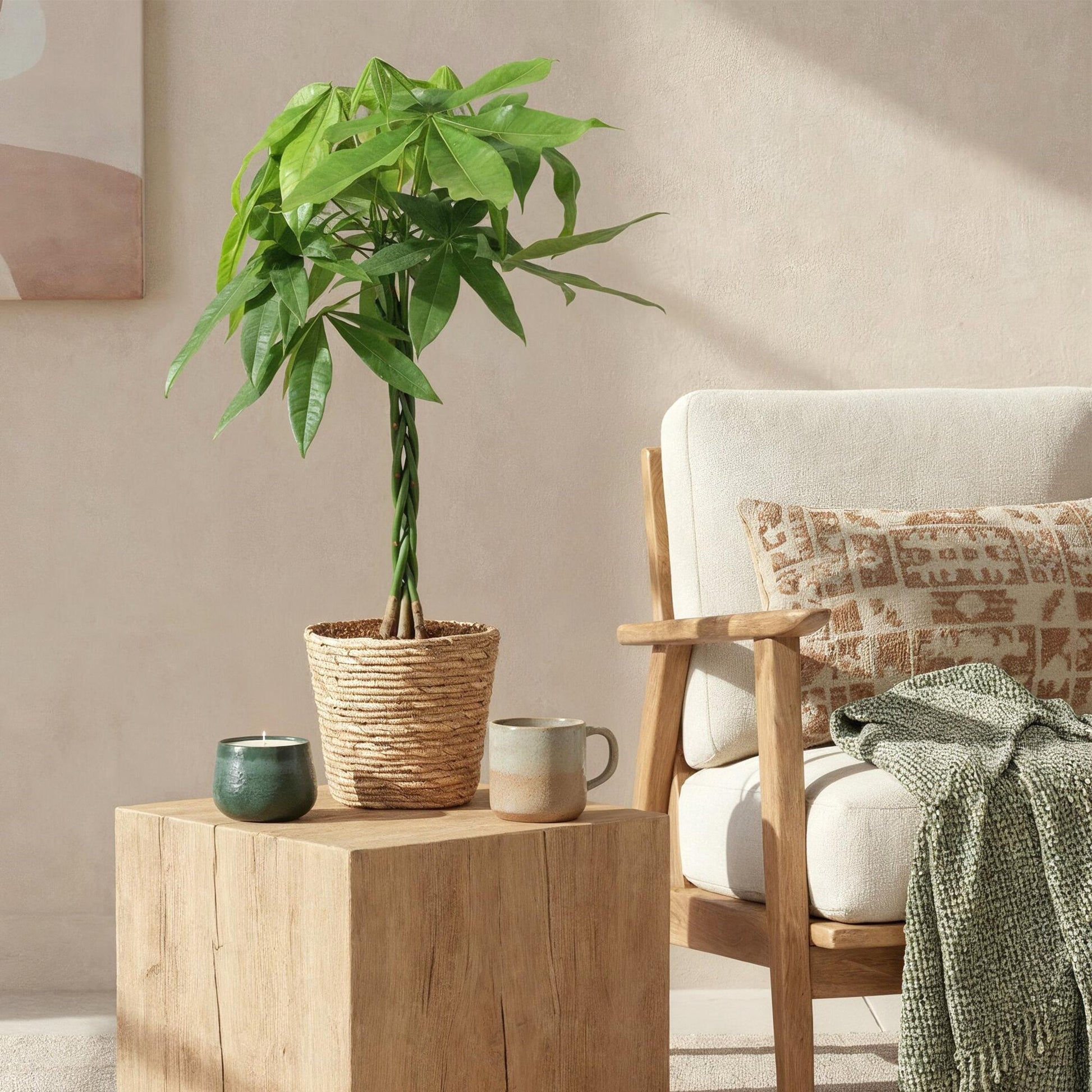 Plantes d'intérieur - Pachira Aquatica tige tressée - Arbre à argent - Peu d'entretien - Vert - 1 Plante - Pot 21cm - Hauteur 80-90cm
