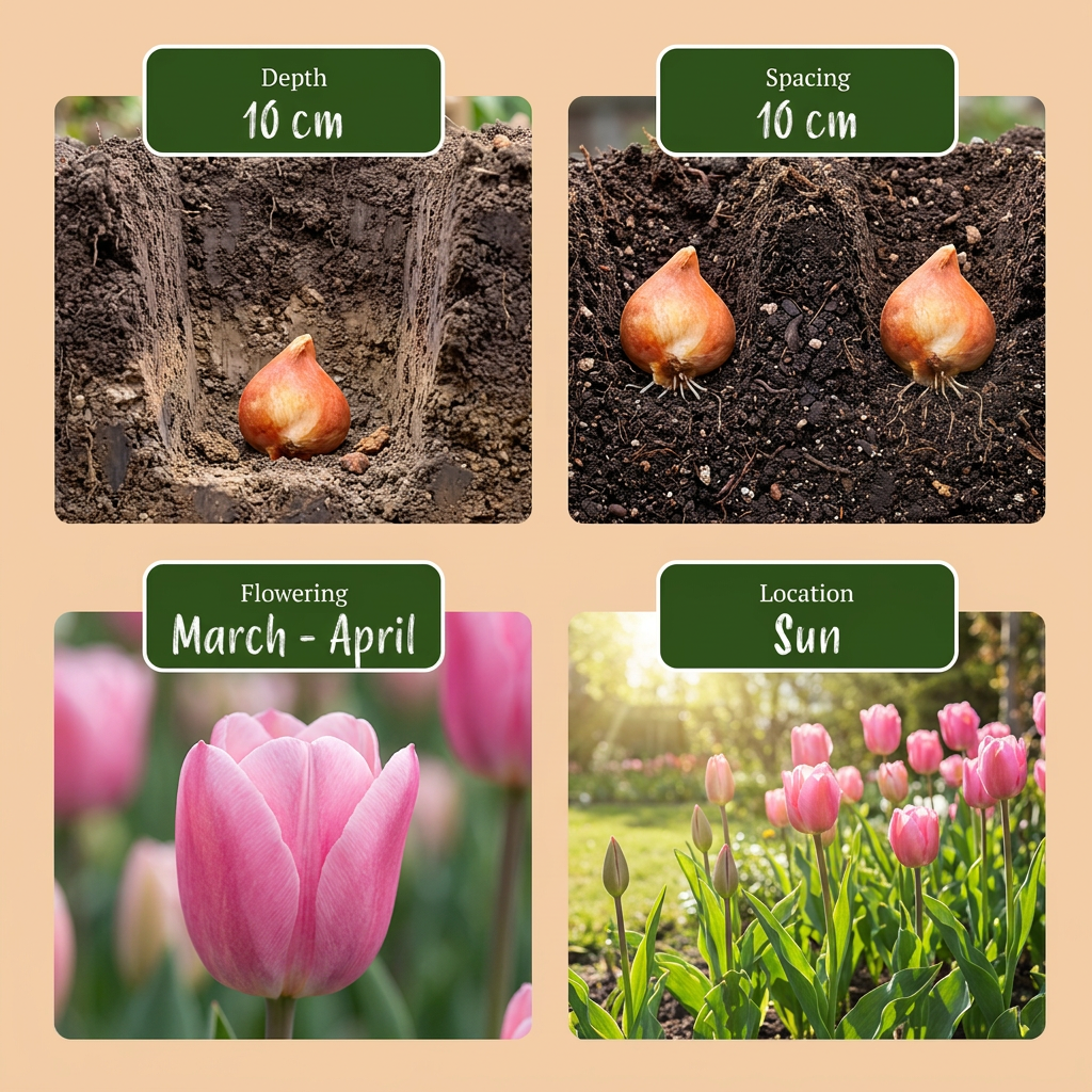Guide de plantation des bulbes de Mélange de bulbes roses : profondeur, espacement, floraison et exposition.