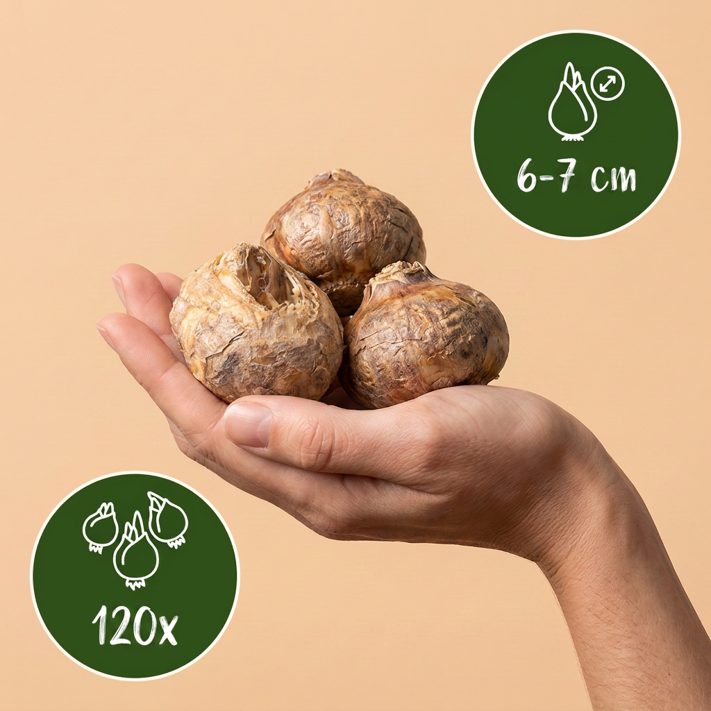 Bulbes de Fritillaire pintade en mélange tenus dans une main, calibre 6-7 cm, lot de 120 bulbes.