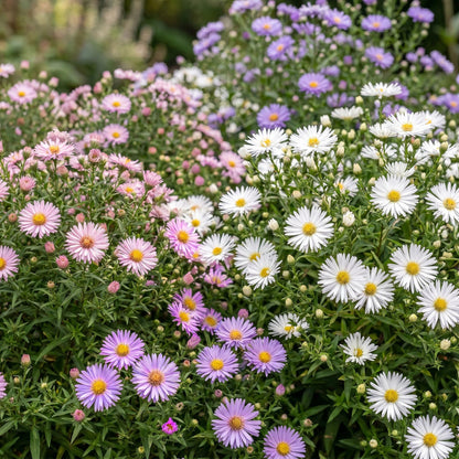 Aster de mer Schneekissen. Un parterre fleuri dense d'asters blancs, roses et violets, idéal pour une haie basse et attirant les pollinisate