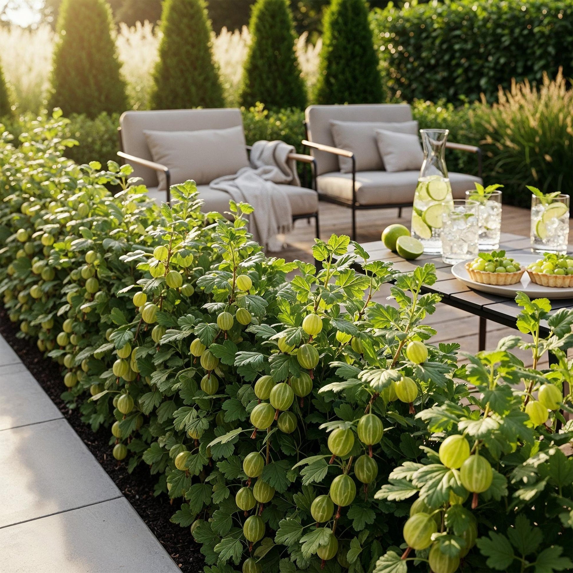 Groseillier Ribes uva-crispa Hinnonmaki Grun : une haie fruitière bordant une terrasse avec mobilier de jardin et boissons fraîches, sous le
